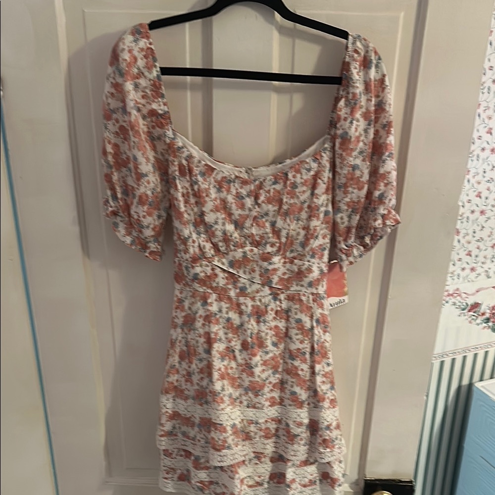 ARULA Pink and Brown Puff Sleeve Sundress